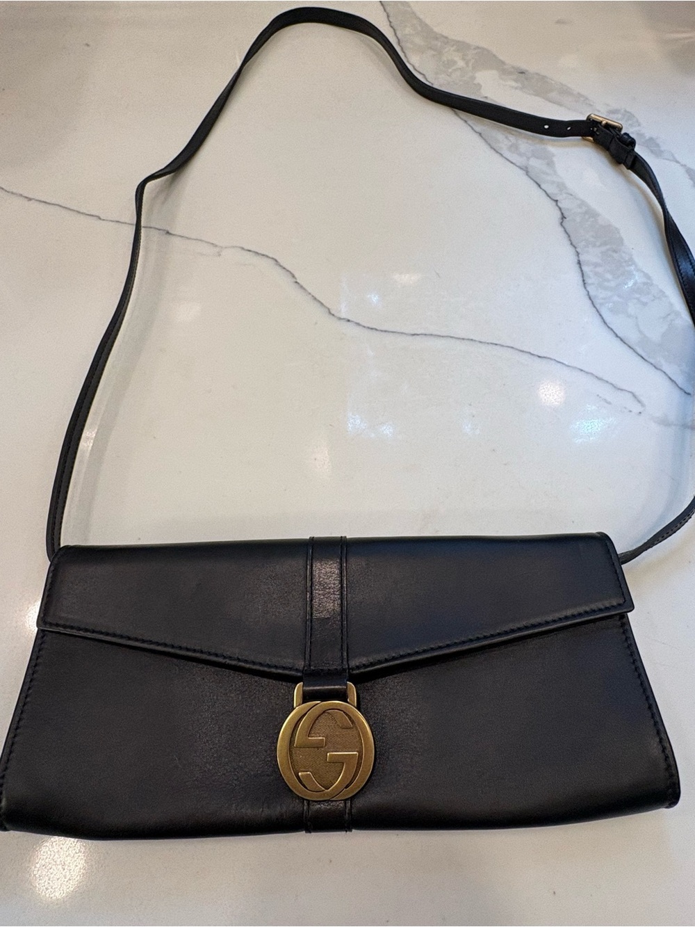 Gucci Black Leather Crossbody with Gold GG Medallion